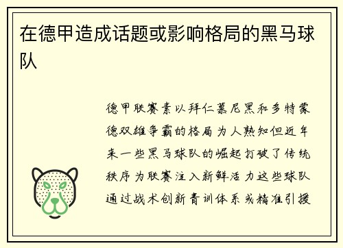 在德甲造成话题或影响格局的黑马球队