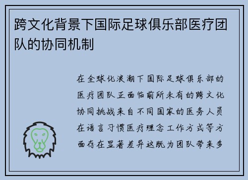 跨文化背景下国际足球俱乐部医疗团队的协同机制